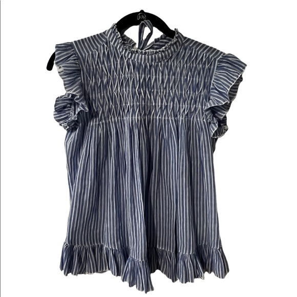 Anthro Smocked Ruffled Striped Blue Shirt - Picture 3 of 6